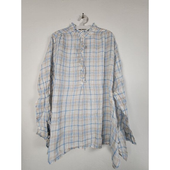 CP Shades Womens Large Plaid Ruffle Collar Button Top Linen Blue Beige 1358-228 - Picture 1 of 9